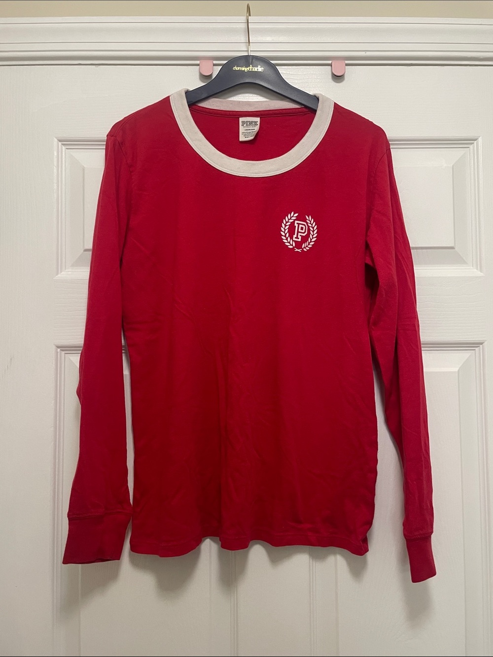 PINK Victoria's Secret Red Long-Sleeve Tee with White Trim